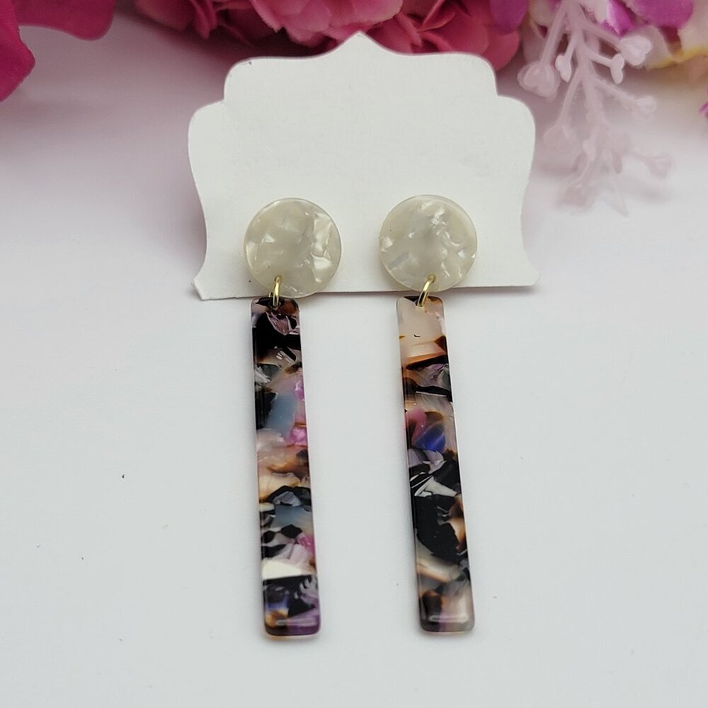 Multicolor Tortoise Stick Drop Earrings 3" Pierced Lightweight Fashion Jewelry